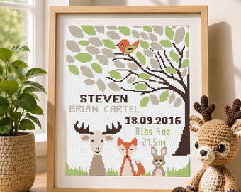 Birth announcement cross stitch pattern, Cute fox, bunny, bird, deer, DIY personalized baby name, Custom name, Modern easy embroidery chart