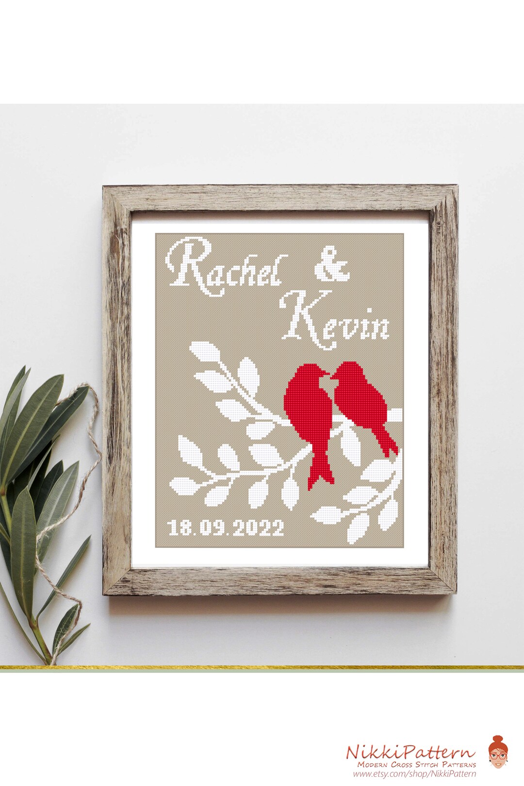 Wedding Modern Cross Stitch Pattern Tree With Love Birds Personalized ...