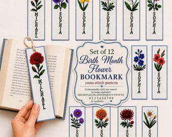 Op de afbeelding: Een set van 12 kruissteek-boekenleggerpatronen met geboortebloemen en aanpasbare namen. Elke rechthoekige boekenlegger toont een uniek bloemmotief met een verticaal daaronder gedrukte naam. Een centraal bordje vermeldt Set of 12 Birth Month Flower BOOKMARK cross stitch pattern.