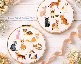 Funny Cat Cross Stitch Pattern, Set of 15 Kitten x-stitch (Instant Download PDF)