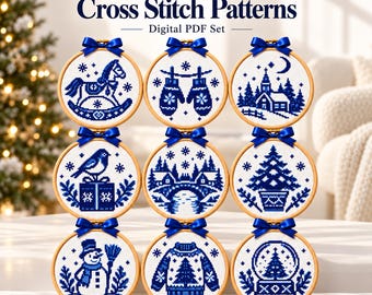 Set di schemi per punto croce natalizi - 9 mini campionari di ornamenti invernali a tema bosco - Download immediato in PDF