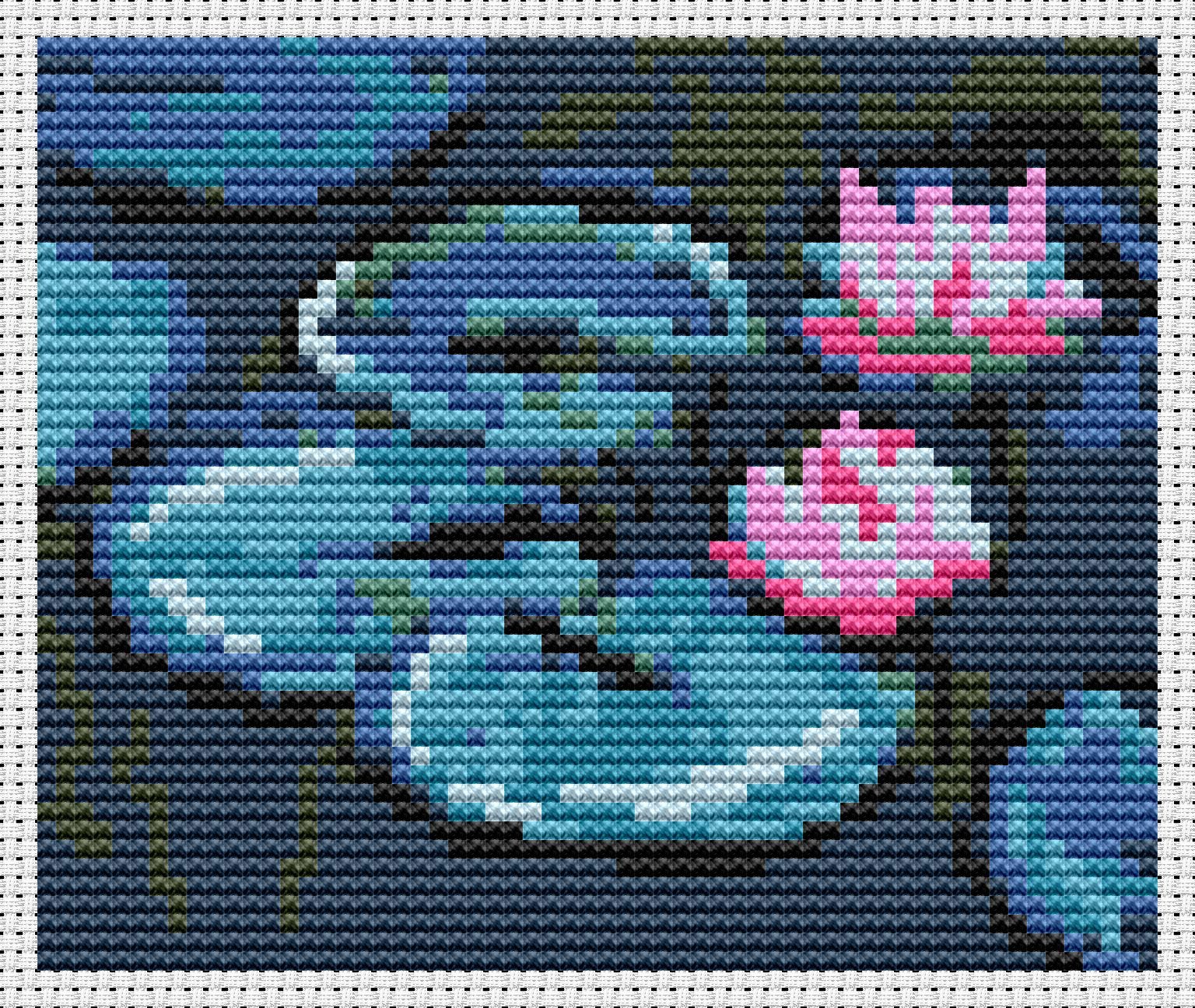 睡蓮のミニクロスステッチパターンPDF、クロード・モネの名画、小さな