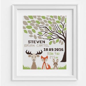 Birth announcement cross stitch pattern, Cute fox, bunny, bird, deer, Personalized baby name, Custom name, Modern easy embroidery