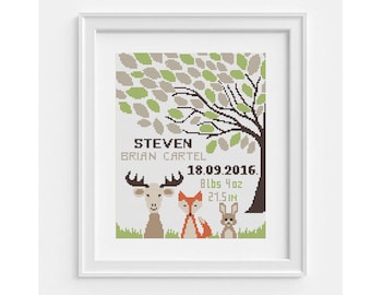 Baby birth announcement cross stitch pattern, Cute fox, bunny, bird, deer, Personalized baby name, Custom name, Modern easy embroidery