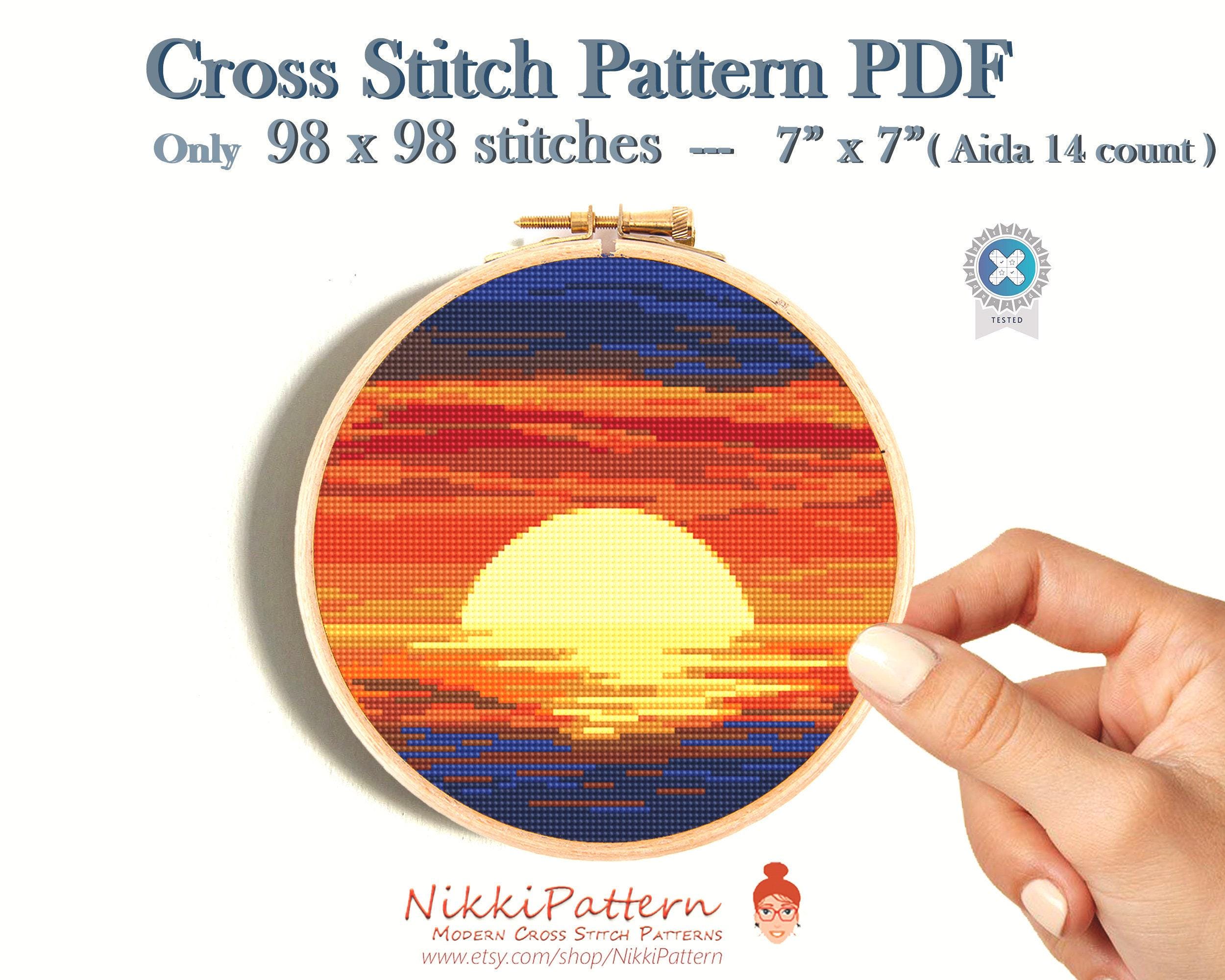 Sunset Cross Stitch Pattern PDF, Modern Landscape Embroidery