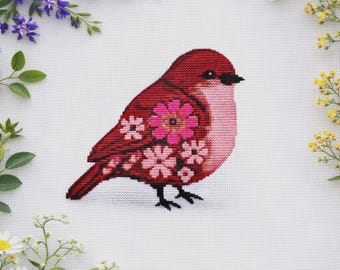 かわいい花柄の鳥のクロスステッチパターン | フープ刺繍 | PDF | すぐ