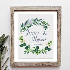 Wedding modern cross stitch pattern, Customizable name, Greenery Wreath floral, Personalized counted x- stitch Anniversary, Engagement