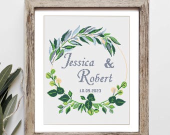 Wedding modern cross stitch pattern, Customizable name, Greenery Wreath floral, Personalized counted x- stitch Anniversary, Engagement