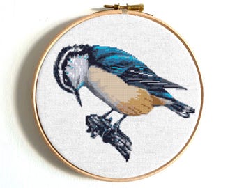 Nuthatch Bird Cross Stitch Pattern, Modern Watercolor Embroidery Art, Cute animals, Counted X-stitch chart, Digital Instant Download PDF