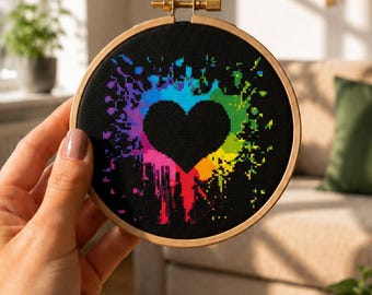 Heart cross stitch pattern, Love colorful symbol embroidery, Rainbow Splash Heart, DIY gift to her, Digital instant download PDF