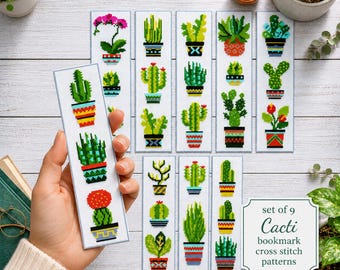 Bookmark Cross Stitch Pattern, Gift for Book Lovers, Set of 9 Cacti & Succulent Embroidery Designs, Cactus on pots, Digital PDF Download