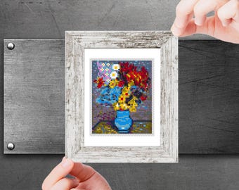 Mini Cross Stitch Pattern art, Flowers in a Blue Vase by Vincent van Gogh, Famous painting x-stitch PDF pattern, Small Tiny Miniature art