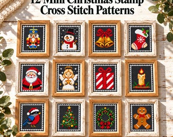 12 mini kerststempel kruissteekpatronen, digitale PDF-download