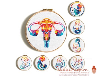 Mother with baby cross stitch pattern Embryo and Uterus Modern cross stitch PDF pattern Counted cross stitch Instant download