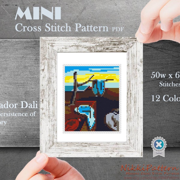 Mini Cross Stitch Pattern ART - The Persistence of Memory by Salvador Dali Famous painting cross stitch PDF Small Tiny Miniature art