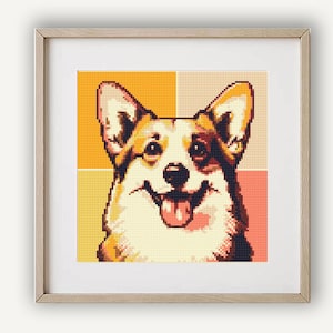 May include: A pixelated image of a corgi dog with a happy expression. The dog is looking directly at the viewer with its tongue sticking out. The background is a mix of yellow, orange, and pink.