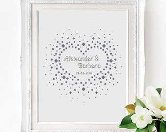 Wedding modern cross stitch pattern, Monochrome heart, Personalized name, Love anniversary gift,  Custom name, Digital Instant download PDF