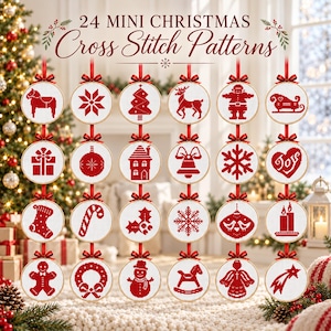 May include: A collection of 24 mini Christmas cross stitch patterns displayed in circular wooden embroidery hoops. Each hoop features a red stitched holiday icon, including a reindeer, Santa, snowflake, and gift, all topped with a red ribbon.