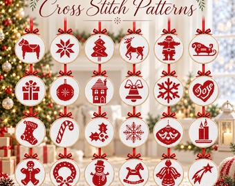 Nordic Christmas Cross Stitch Pattern Set of 24 - Mini Christmas Ornaments Sampler - One Colour Monochrome Counted Chart - Instant Download