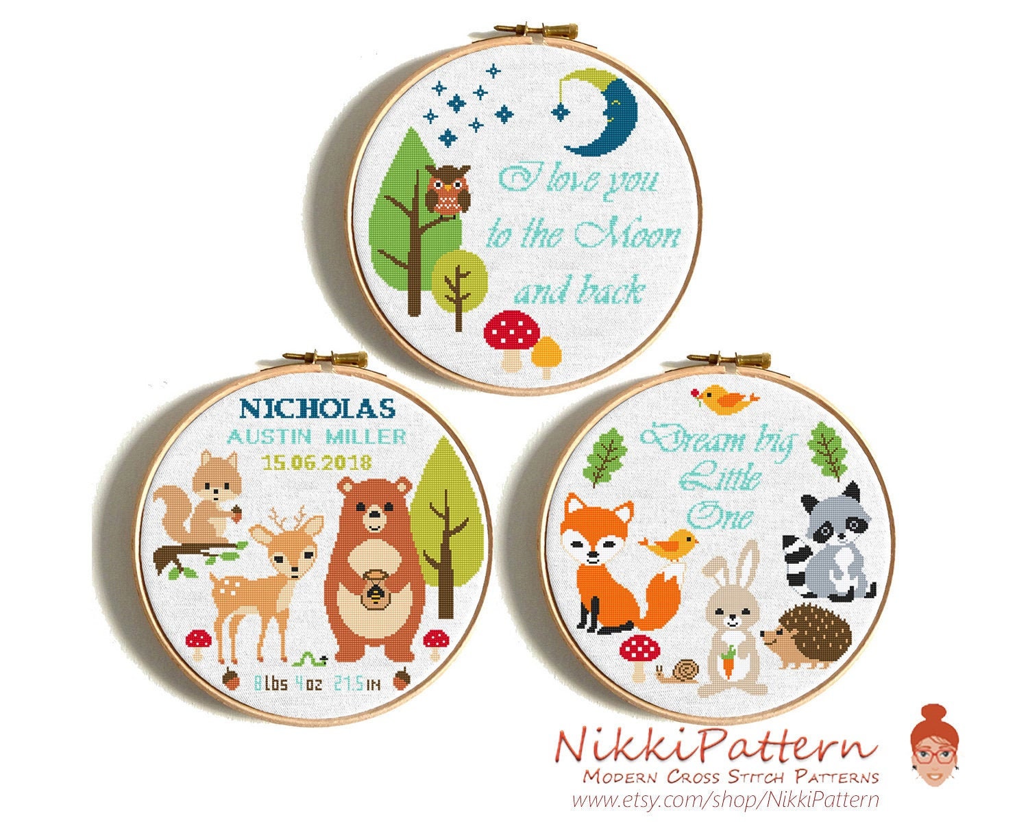 birth-announcement-cross-stitch-pattern-woodland-animals-nursery-decor-easy-baby-cross-stitch-pdf-pattern-digital-download-etsy