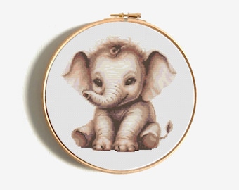 Olifant kruissteekpatroon pdf, schattige babydier, eenvoudige safari-borduurwerk voor beginners, wild natuurlijk, gemakkelijk mini handgemaakt, digitale download