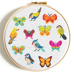 Animal cross stitch pattern Cute Birds cross stitch Butterflies Counted cross stitch Birds Easy cross stitch PDF Modern cross stitch chart