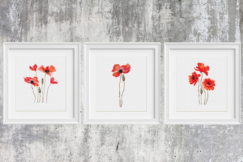 Poppy Cross Stitch Pattern PDF Easy cross stitch Poppies Set 3in1 Modern Embroidery Red poppy cross stitch Floral Natural Art Watercolor image 1