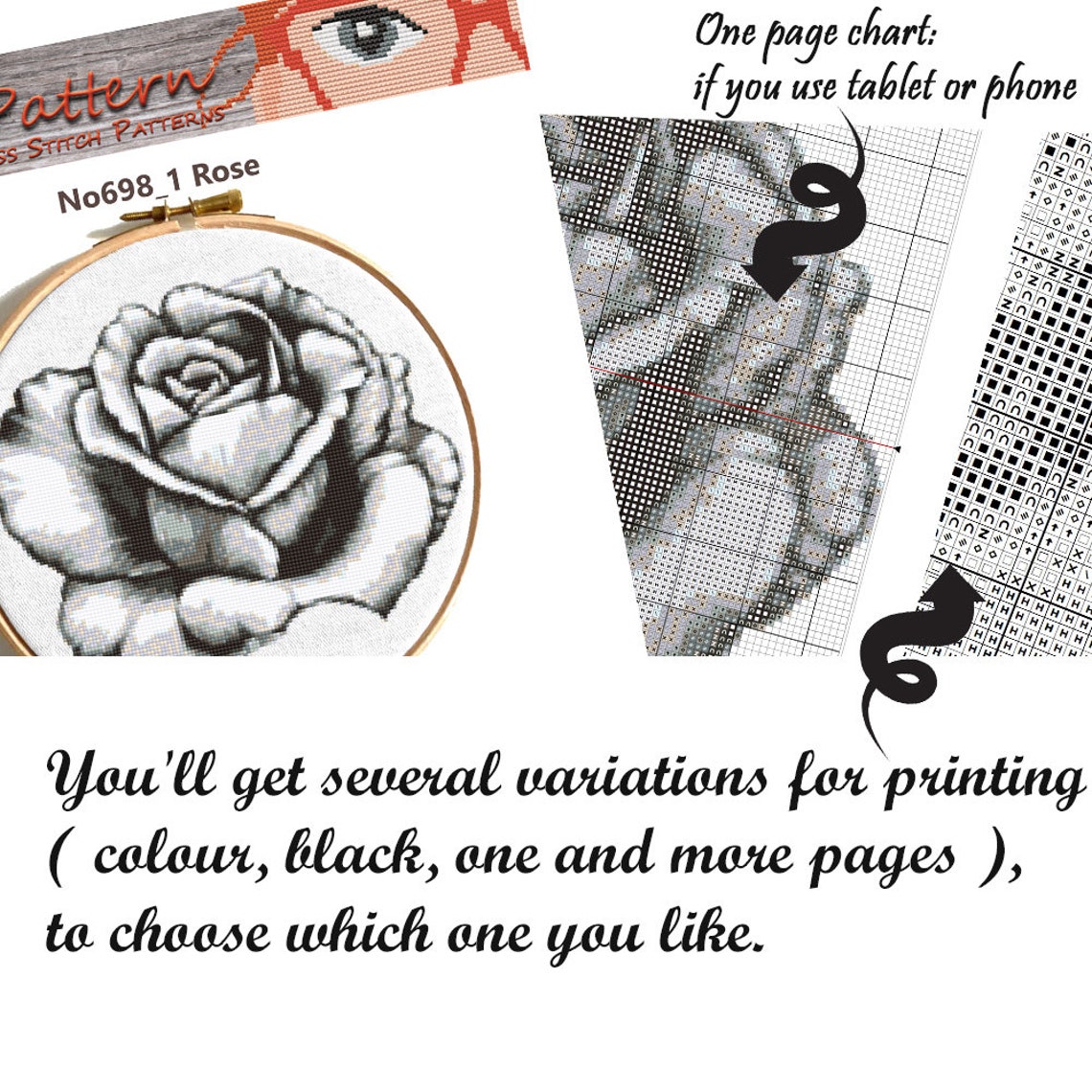 Rose Cross Stitch Pattern Counted Cross Stitch Monochrome - Etsy