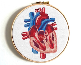 Anatomical heart cross stitch pattern, Human heart embroidery, Anatomy cross stitch, Human body embroidery, Scary cross stitch PDF