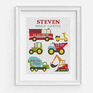 Birth announcement cross stitch pattern, Work machine, fire truck, tractor, x-stitch design, Baby, kids, nursery decor, Instant download