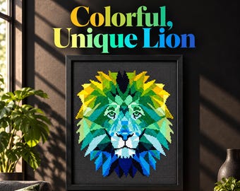 Geometrische leeuw, kleurrijk telpatroon voor kruissteek, digitale download (PDF).