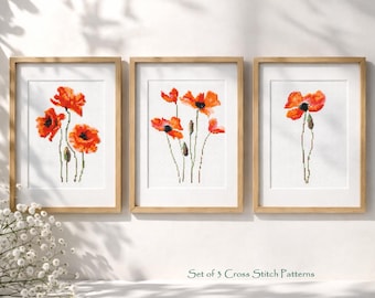 Poppy Cross Stitch Pattern PDF, Poppies Set 3in1, Modern Embroidery, Red flower, Floral Nature Art, Instant download PDF