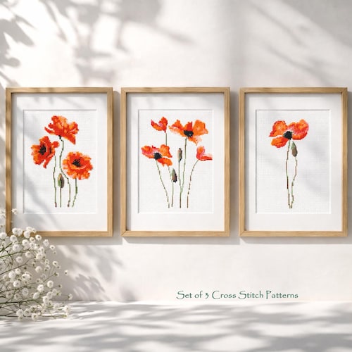 Poppy Cross Stitch Pattern PDF, Poppies Set 3in1, Modern