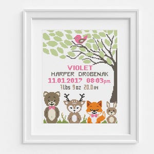 Birth announcement cross stitch pattern, Cute fox, bear, bunny, bird, deer, Personalized baby name, Custom girl name, Modern easy embroidery