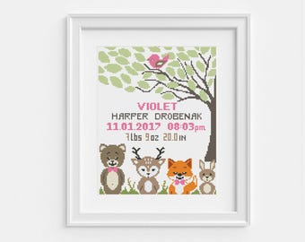 Baby birth announcement cross stitch pattern, Cute fox, bear, bunny, bird, deer, Personalized baby name, DIY Custom girl name, Digital PDF