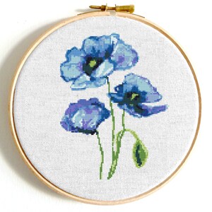 Poppy flower modern cross stitch pattern PDF Blue poppies watercolor cross stitch bundle Floral counted cross stitch Easy Poppy flower chart image 7