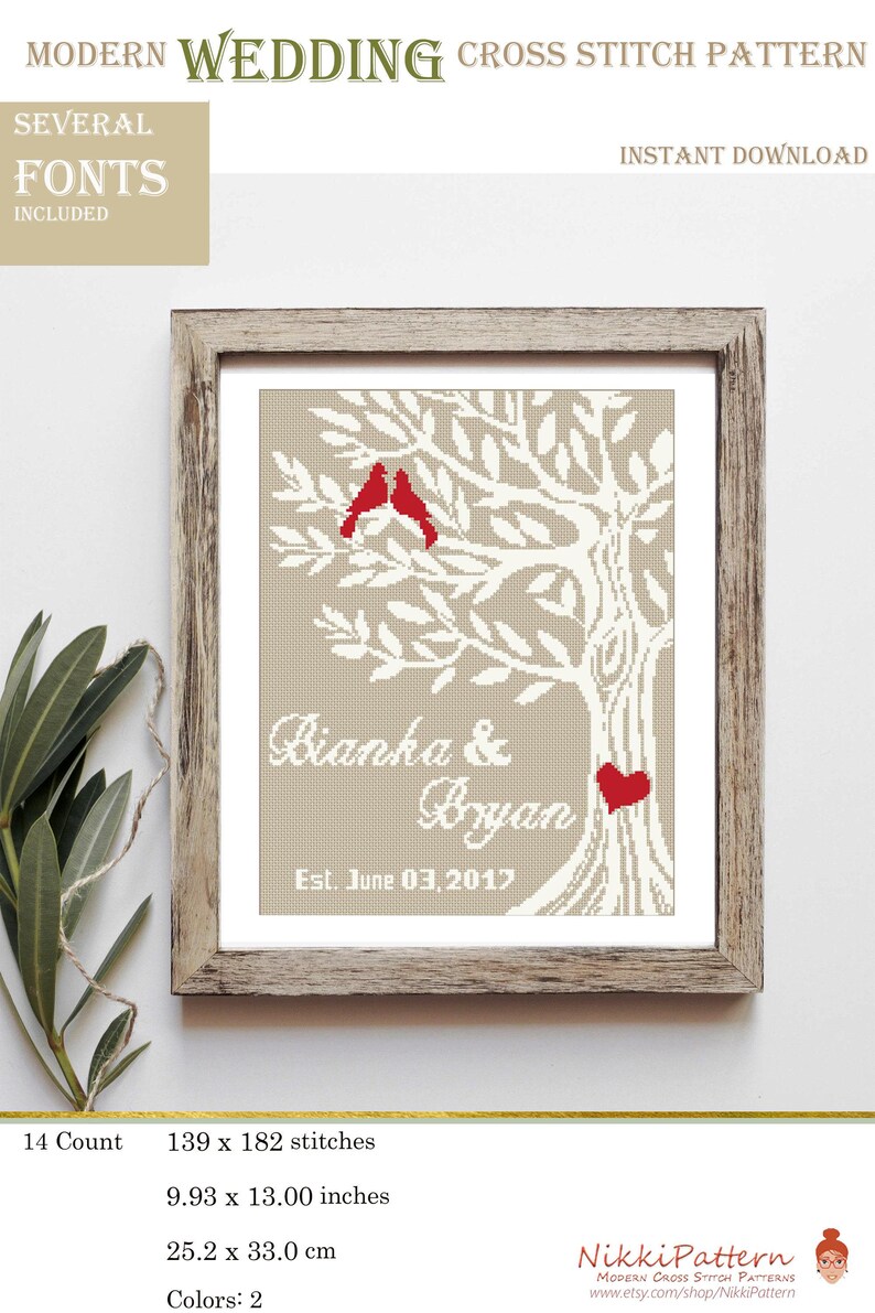 Wedding Cross Stitch Pattern PDF, Love tree with bird, DIY Add Your Names, Anniversary Gift, Alphabet Letters Included, Instant Download image 8