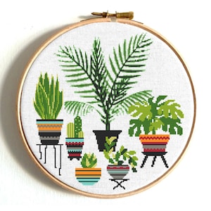 Palm tree cross stitch pattern, Cacti Botanical embroidery, Mini floral in pots, Home Plant, Geometric pots, Digital Instant download PDF