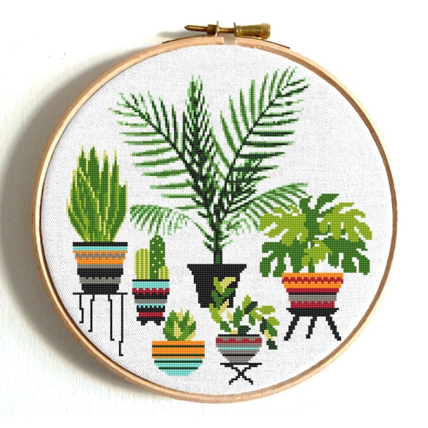 Palm tree cross stitch pattern, Cacti Botanical embroidery, Mini floral in pots, Home Plant, Geometric pots, Digital Instant download PDF