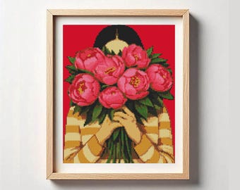 Peony Woman Cross Stitch Pattern PDF | Modern Floral Portrait Bouquet | Counted Cross Stitch Chart | Digital Instant Download