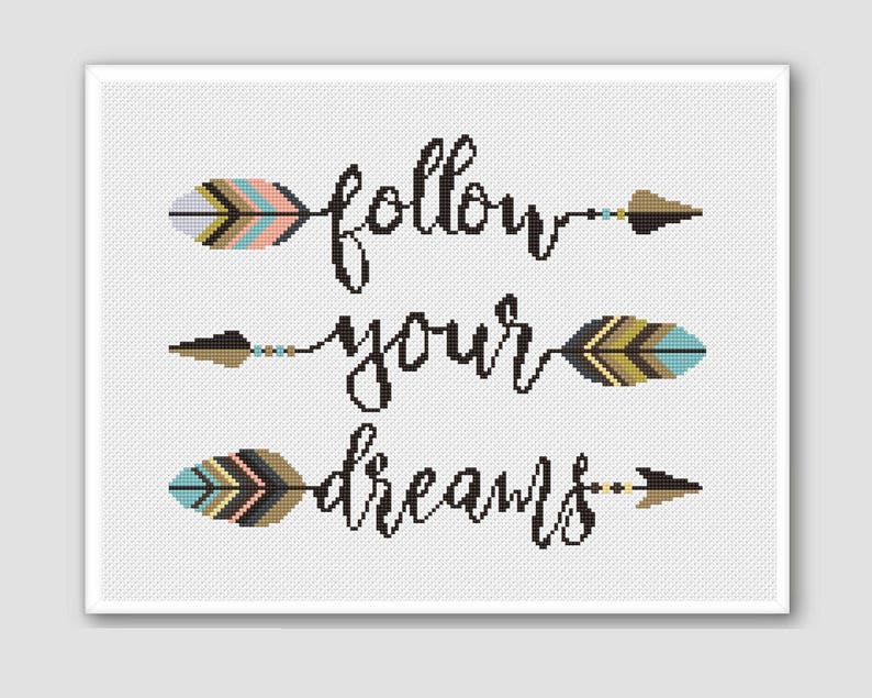 Feather cross stitch pattern Follow your dreams Arrow cross stitch Aztec tribal embroidery sampler Modern Birthday DIY gift Baby shower gift