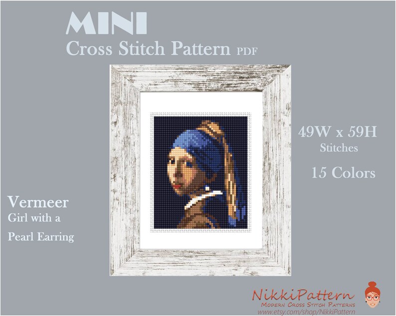 Mini Cross Stitch Pattern Modern Tiny Art Girl With a Pearl - Etsy