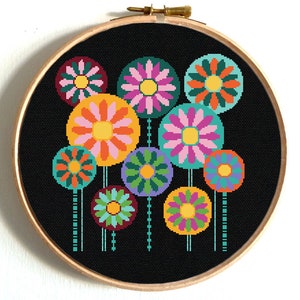Modern bloemenkruissteekpatroon, geometrisch pop-artontwerp, grappig bloemenborduurwerk, eenvoudige x-steekkaart, directe digitale pdf-download