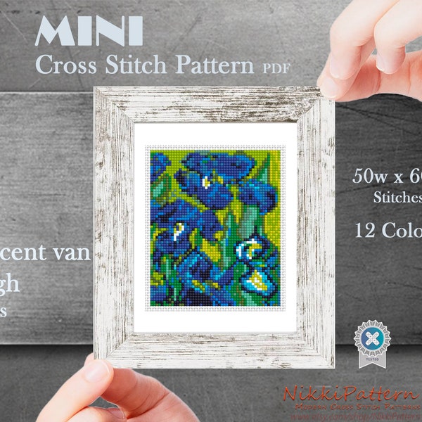 Mini cross stitch pattern Vincent van Gogh Irises Blue Flowers modern cross stitch Famous painting Mini masterpiece Easy art PDF chart