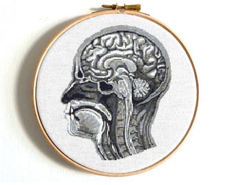 May include: A black and white cross-stitch embroidery of a human head with a detailed anatomical illustration of the brain, nose, and throat.