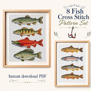 Trout Cross Stitch Pattern, Fish Embroidery Pattern PDF, Rainbow Trout, Lake Trout, Kokanee Salmon, Yellow Perch, Crappie, Fishing Gift