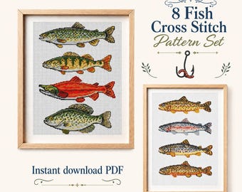 Forellen-Kreuzstichmuster, Fisch-Stickmuster (PDF), Regenbogenforelle, Seeforelle, Kokanee-Lachs, Flussbarsch, Crappie, Angelgeschenk