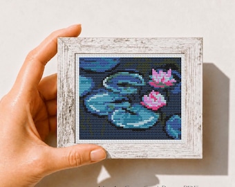 Waterlelies mini-kruissteekpatroon pdf, Claude Monet, beroemd schilderij, kleine kleine kunst borduurwerk, Instant Download