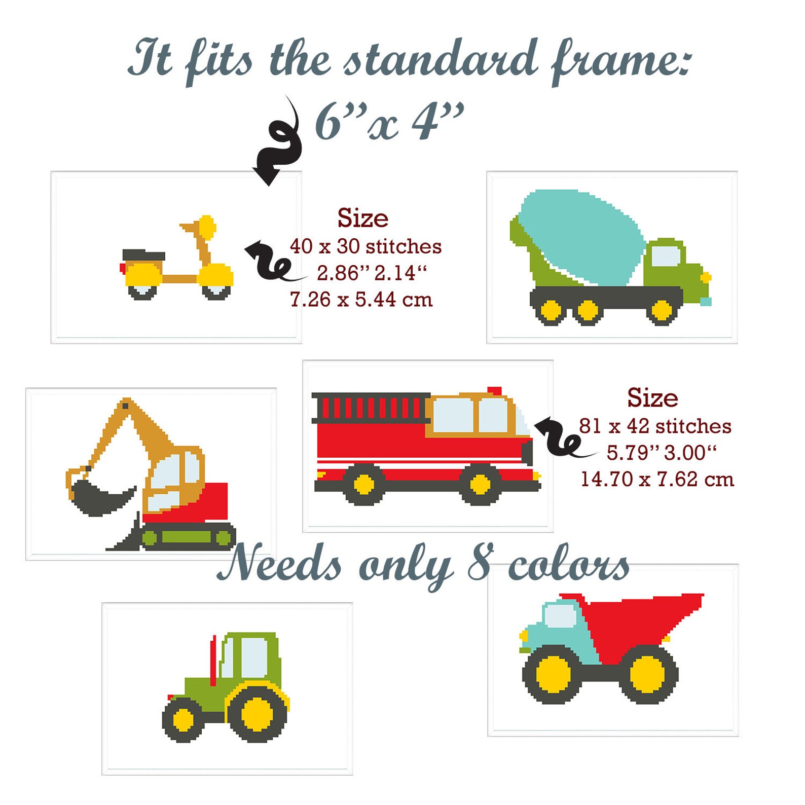 Baby cross stitch pattern PDF Fire engine Mixer truck Tractor Etsy