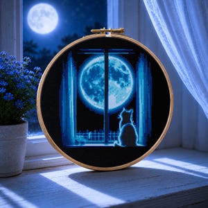 Cat and Moon Cross Stitch Pattern PDF, Blue Moonlit Window, Gothic Celestial Embroidery Instant Download